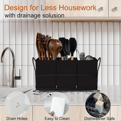 Czlizdyt Cutlery Holder with Drain Holes, Silverware Caddy for Party Countertop, 3pcs Bins Set Utensil Holders for Spoon and Fork, White