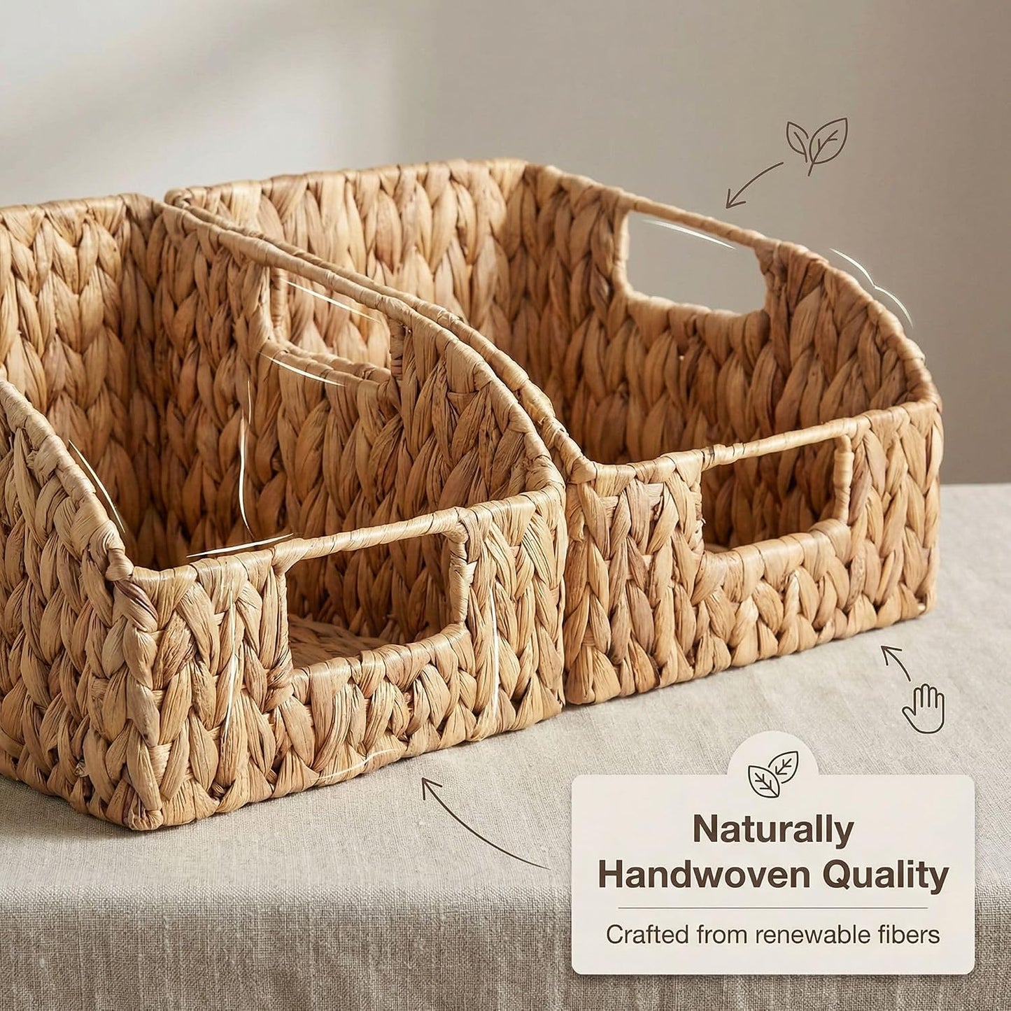 DEILSY™ Water Hyacinth Storage Baskets with Built-in Handles – Handwoven Wicker Pantry Baskets for Shelves, Closet & Kitchen Organization, Eco-Friendly, 2 Pack