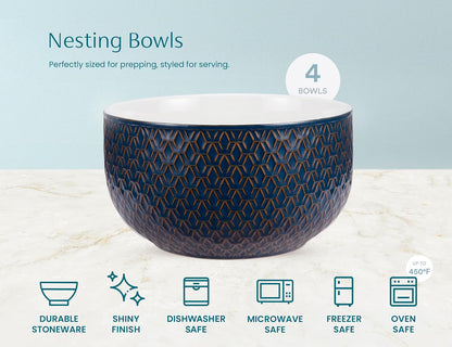 KooK Ceramic Nesting Bowls, Embossed, Oven Safe, Set of 4, Ivory