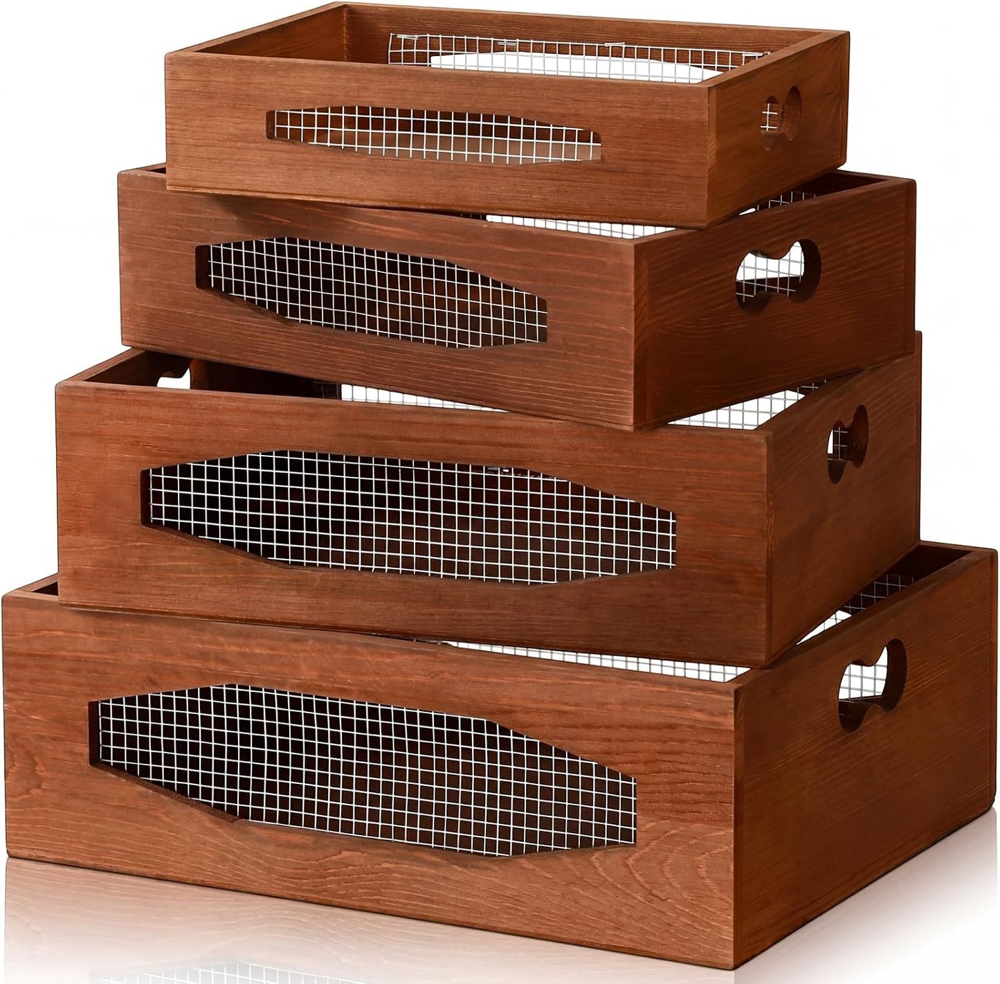 Novabright 4 Pcs Wooden Nesting Countertop Baskets 4 Size Wooden Storage Box with Handle and Metal Wire Multipurpose Wood Organizer Crate for Fruit Vegetable Kitchen Cabinet Bathroom, brown