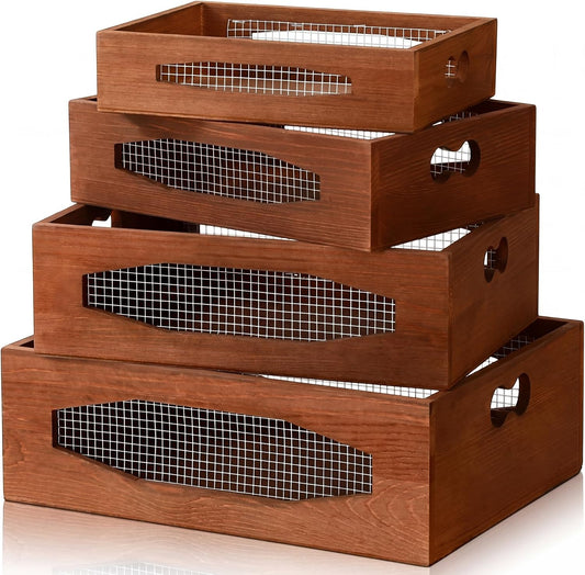Novabright 4 Pcs Wooden Nesting Countertop Baskets 4 Size Wooden Storage Box with Handle and Metal Wire Multipurpose Wood Organizer Crate for Fruit Vegetable Kitchen Cabinet Bathroom, brown