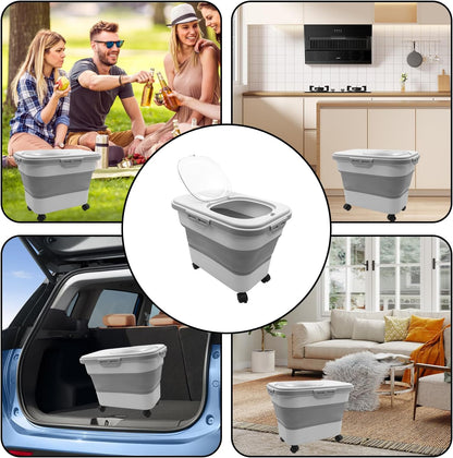 20-30 Lbs Rice and Pet Food Storage Container - Collapsible Airtight Food Storage with Rolling Wheel & Locking Lid, Flour Container with Cup & Scoop for Rice, Flour, Pet Food (Grey)