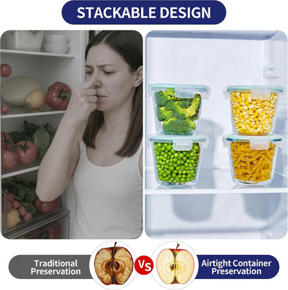 8 PCS Glass Meal Prep Containers with Lids, Airtight 3 Cup Glass Storage Containers Set, Round Deep Soup Containers with Lids for Leftover, Microwave, Dishwasher, and Freezer Safe(4 Sets)