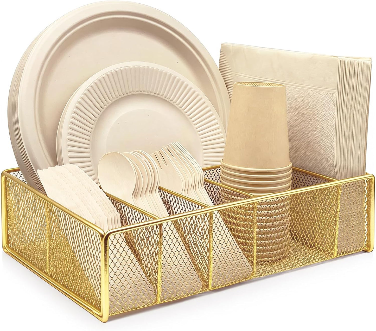 Dysanvica Metal Paper Plate Holder - Utensil Silverware Caddy for Kitchen Counter Cabinet Cutlery Flatware Organizer Storage Dispenser Box for Plastic Spoon Fork Plates Napkins Cup Party Camping White