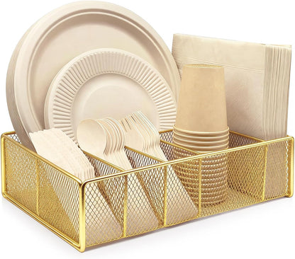 Dysanvica Metal Paper Plate Holder - Utensil Silverware Caddy for Kitchen Counter Cabinet Cutlery Flatware Organizer Storage Dispenser Box for Plastic Spoon Fork Plates Napkins Cup Party Camping White