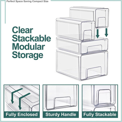 Sorbus Clear Stackable Storage Drawers, 4-Piece Set 1 Large, 1 Medium & 2 Small Pull-Out Plastic Organizer Bins with Handles for Bathroom, Closet, Pantry, Cabinet & Medicine Storage