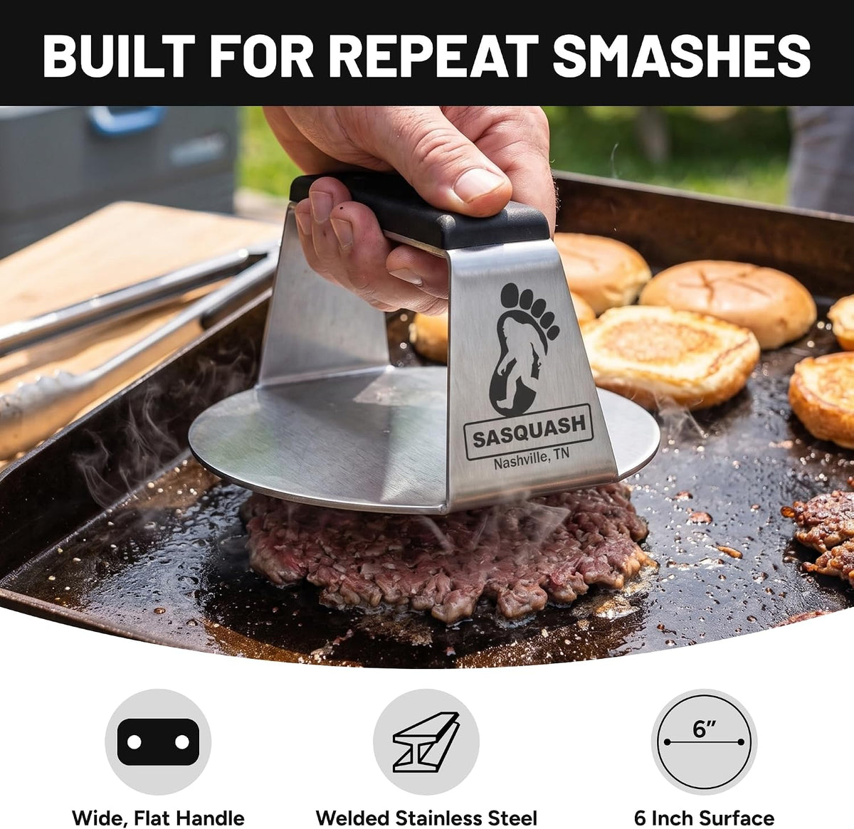 Sasquash Burger Smasher - One Piece Fully Welded Smash Burger Press, 6 Inch
