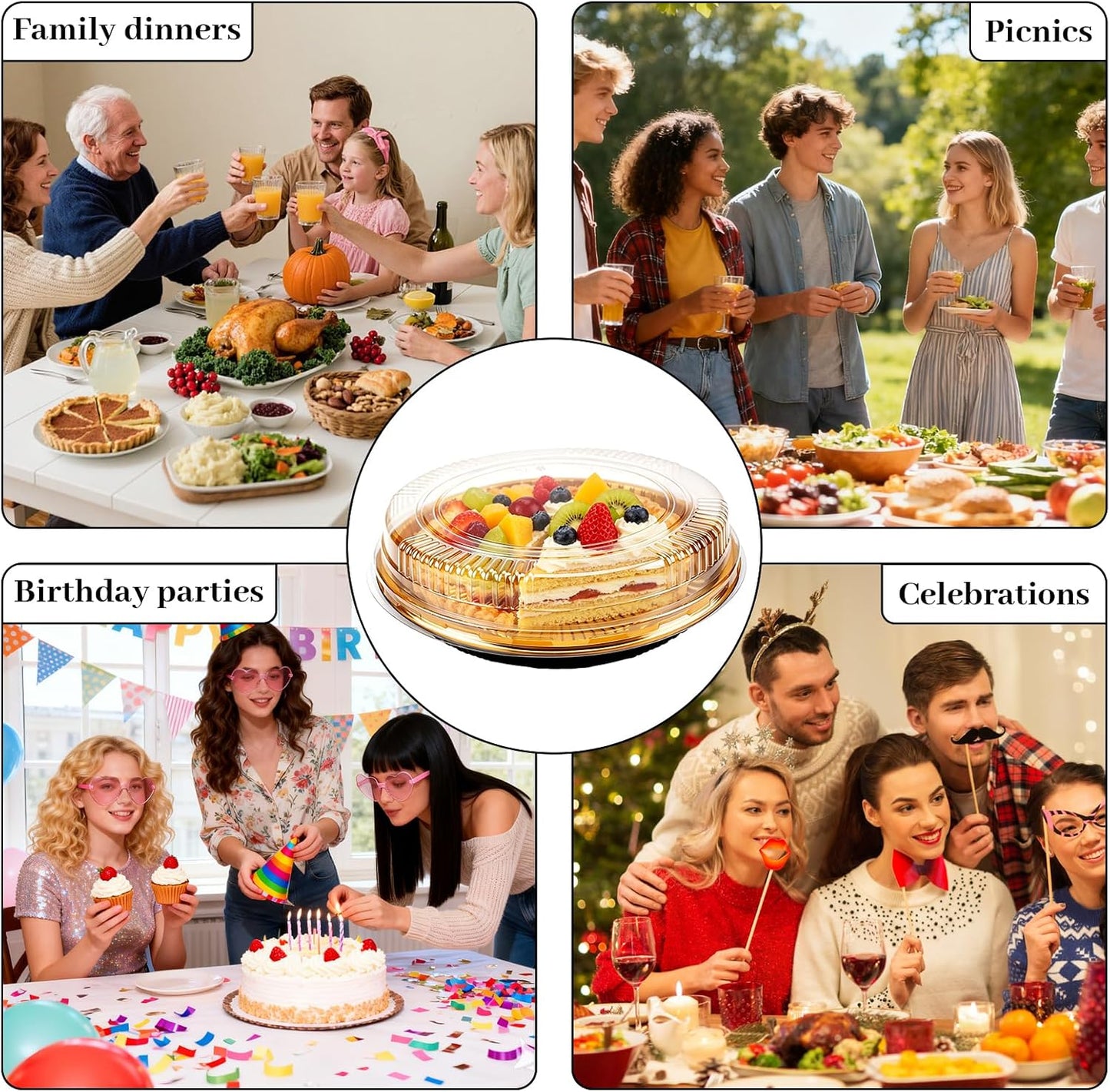 30 Pack 10 Inch Disposable Pie Carrier with Lid, Round Pie Platters Plastic Serving Tray, Catering Trays with Lids for Pies, Pizza, Desserts (Gold Bottom + Clear Lid)