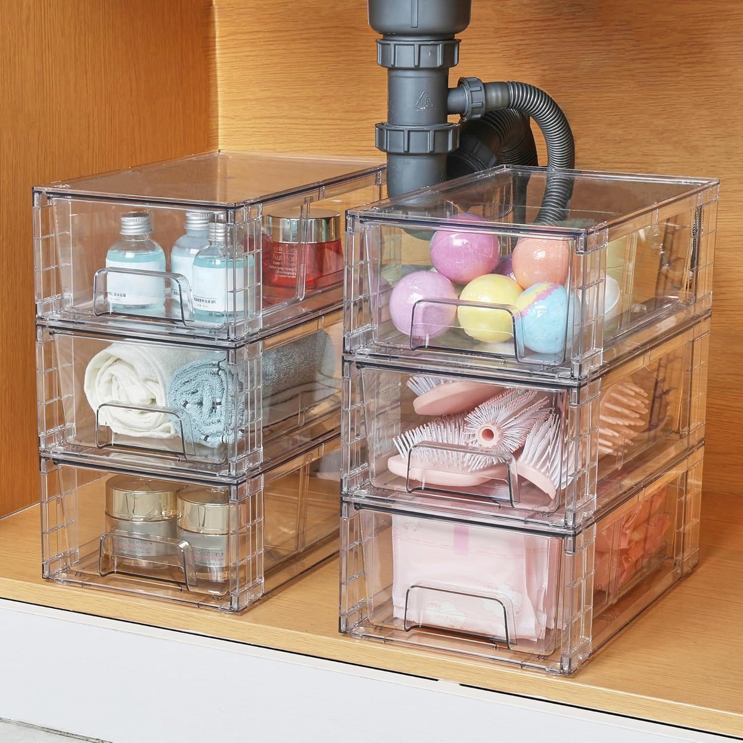 Vtopmart 4Pack Large Stackable Pantry Storage Drawers, Clear Organizer Bins with Handles, Acrylic Drawer Organizers for Kitchen, Pantry, Bathroom Undersink, Cabinet Organization and Storage