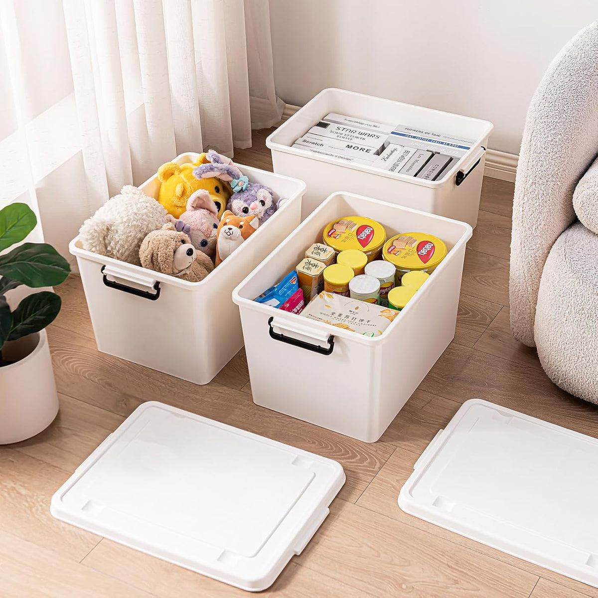 Large Stackable Plastic Storage Bins with Wheels, 3-Pack 60 Quart White Thickened Latching Lid Containers with Lockable 360° Casters for Home, Office, Bathroom, and Dorm Organization