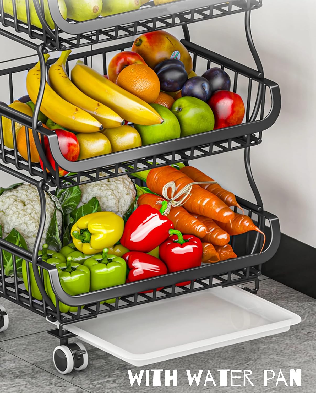 MURRI&MURRDI Fruit Vegetable Storage Basket with Wooden Lid, 6 Tier Stackable Wire Kitchen Cart with Wheels, Tall Produce Snack Racks Display, Narrow Rolling Cart for Pantry Onion Potato, Black