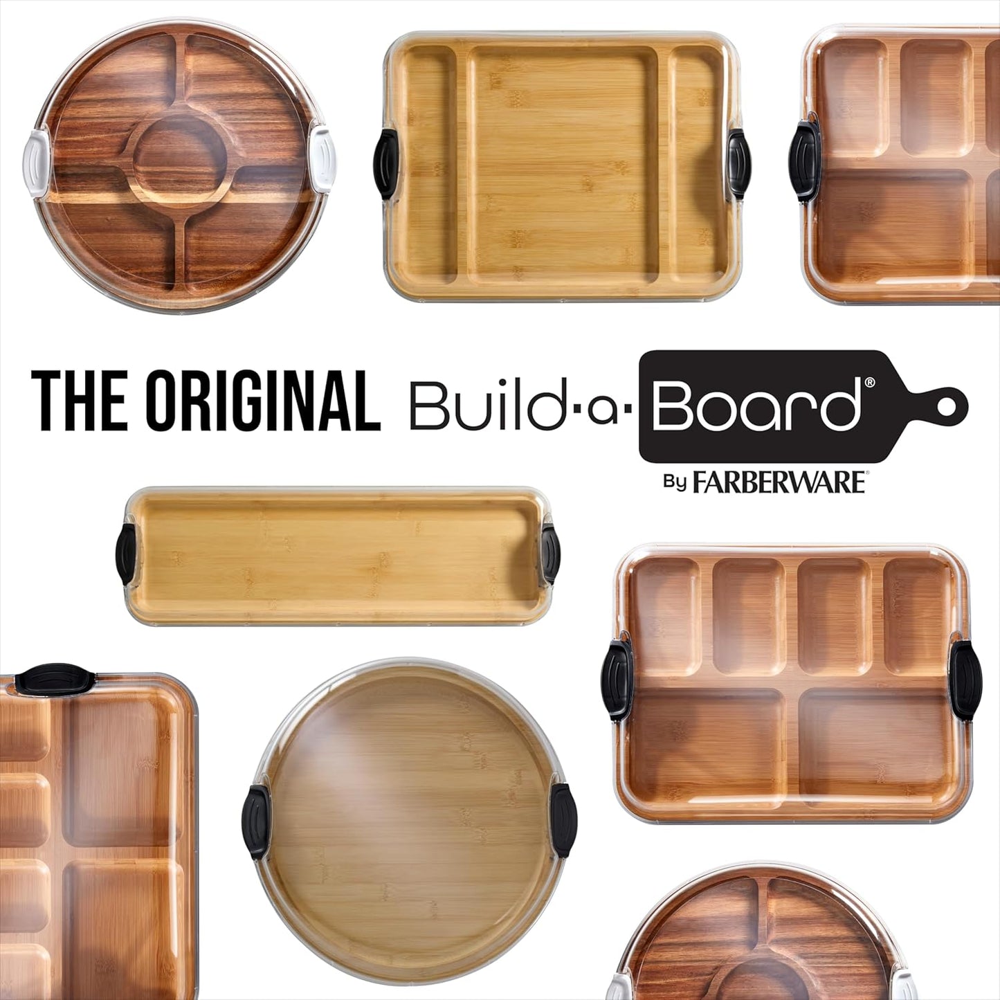 Farberware Build-A-Board Bamboo Cutting Board with Built-In Compartments & Clear Locking Lid, Black Handles, Charcuterie, Snack Tray, Food Prep and Serving Platter