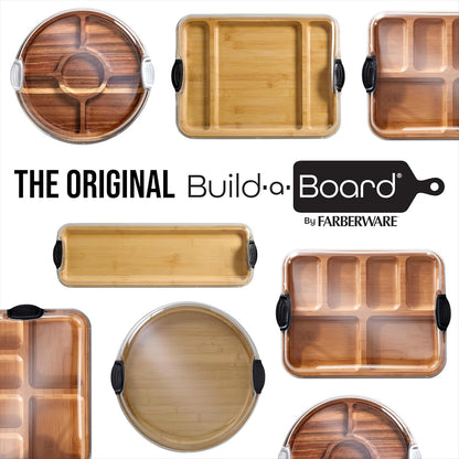 Farberware Build-A-Board Bamboo Cutting Board with Built-In Compartments & Clear Locking Lid, Black Handles, Charcuterie, Snack Tray, Food Prep and Serving Platter