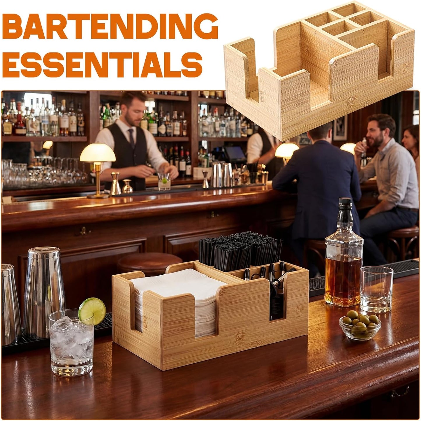 Mifoci Wooden Bar Caddy with 6 Compartments, Acacia Wood Bar Caddy Napkin & Straw Holder Organizer Cocktail Napkin Holder Condiments for Home Office Kitchen Countertop (Brown, 10.6 L x 5.5 W)
