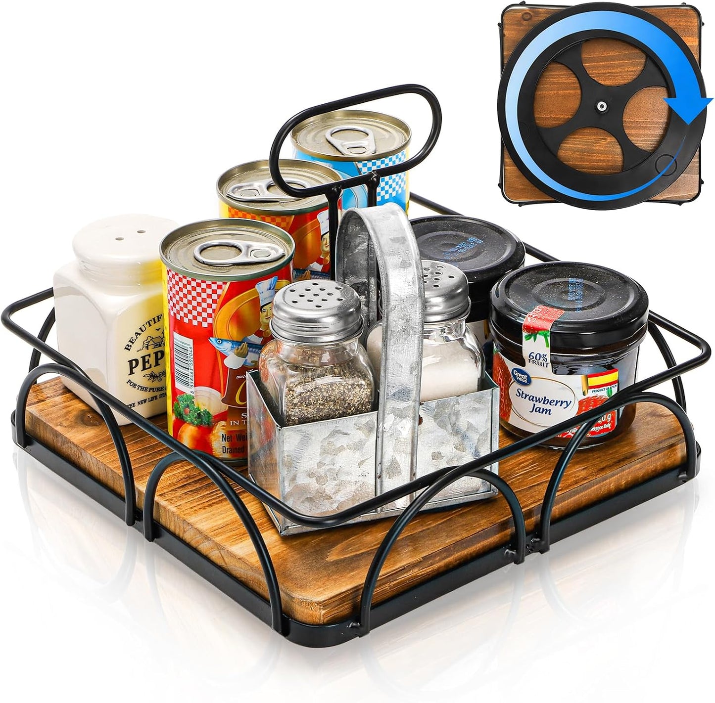 WRINGKIT Condiment Caddy with Handle Lazy Susan, 9 Inch Wood Spice Caddy, 360° Turntable Organizer for Cabinet, Kitchen, Condiment Holder for Table, Restaurants, Seasoning Tray