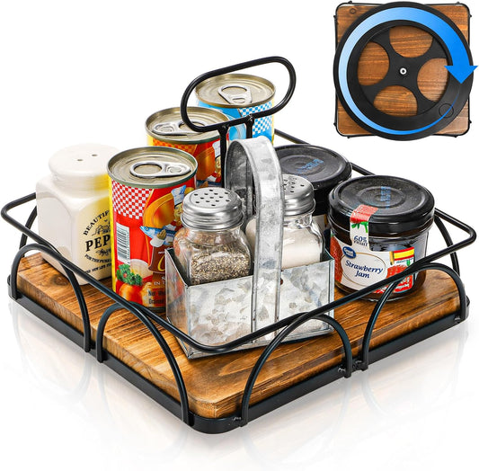 WRINGKIT Condiment Caddy with Handle Lazy Susan, 9 Inch Wood Spice Caddy, 360° Turntable Organizer for Cabinet, Kitchen, Condiment Holder for Table, Restaurants, Seasoning Tray