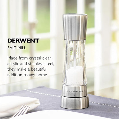 COLE & MASON Derwent Salt Grinder - Stainless Steel Mill Includes Gourmet Precision Mechanism and Premium Sea Salt