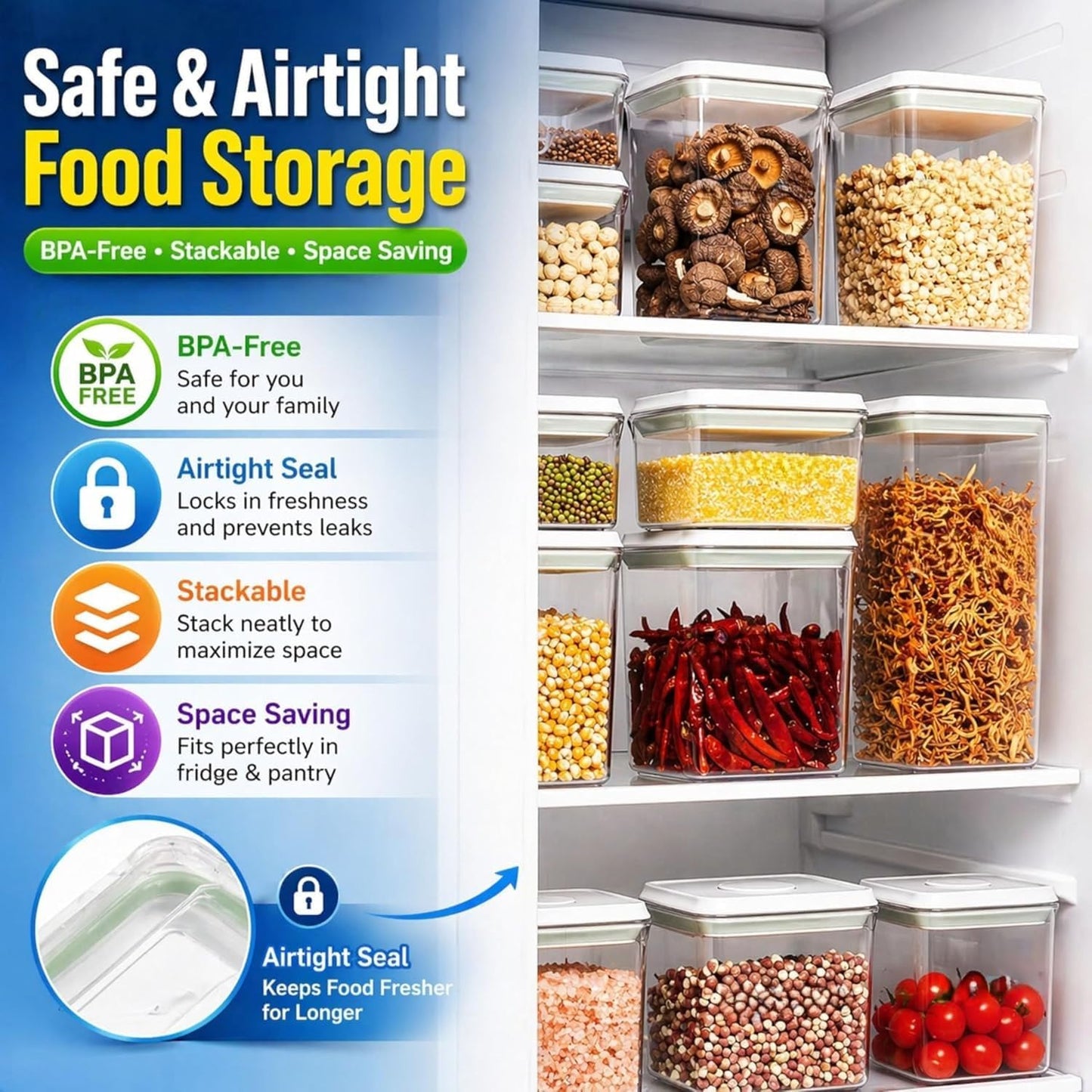 Airtight Food Storage Containers with Lids – 6 Pack BPA-Free Pop Containers for Pantry Organization, Cereal, Flour, Rice, Sugar – Stackable Kitchen Canisters (0.5, 1.2, 1.8 Qt) Set of 6