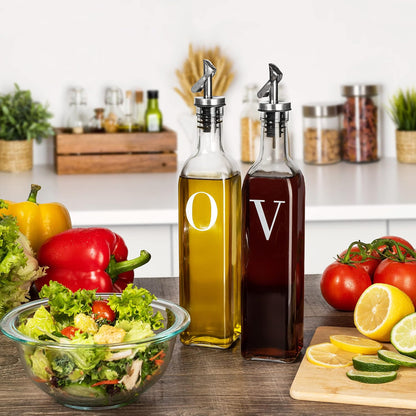 GREENOLIVE Olive Oil and Vinegar Dispenser Set - 17 oz. Glass Bottles with No-Drip BPA-Free Spouts - Stylish O and V Identifiers for Kitchen and Dining Use, Olive Oil Dispenser Bottle - Set of 2