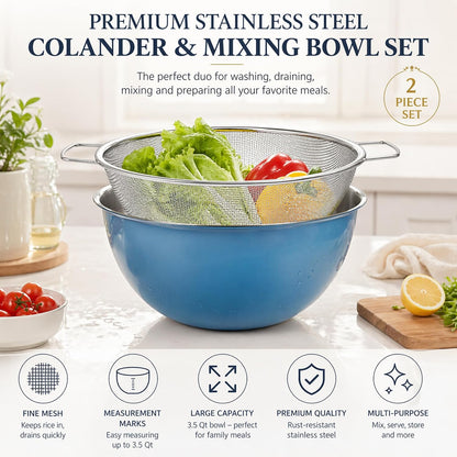 304 Stainless Steel Colander Set, 1.5QT Colander with Bowl, 30-Mesh Micro Perforated Strainer for Rice, Quinoa, Pasta, Fruits & Vegetables,2 pack