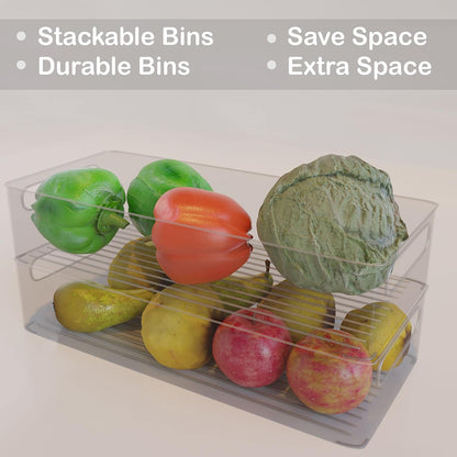 Bahoki Essentials Set of 4 Kitchen Pantry Bins - Clear Plastic Storage for Freezer and Refrigerator - Kitchen Organizer for Snack, Drink, Fruit and Vegetables - Multifunctional Stackable Home Bins