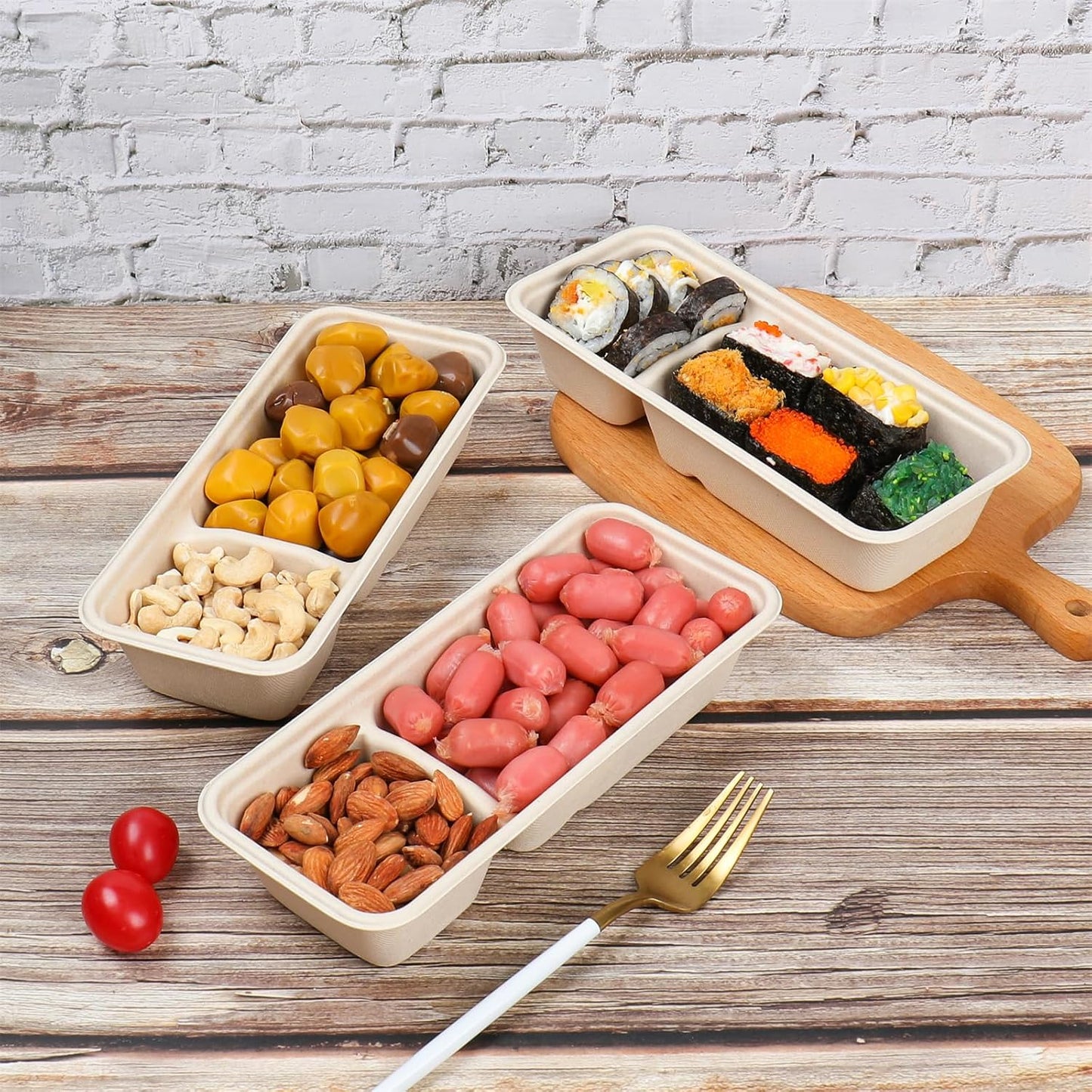 16oz disposable 3 compartments Sugarcane Fibers bowls with lid take away food containers Meal Prep Bowls 25 Pack