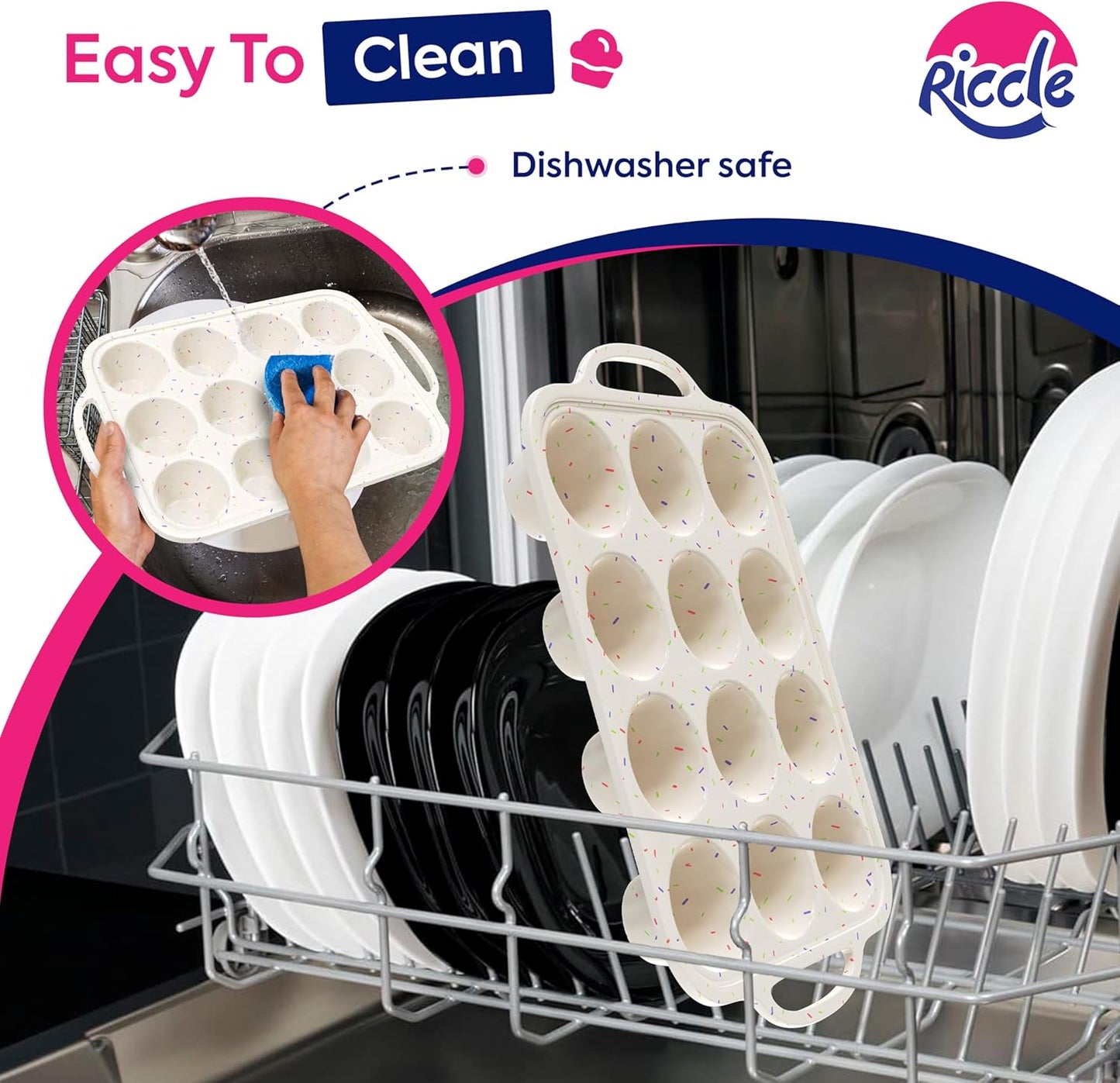 RICCLE 2 Pack Silicone Muffin Pans for Baking with Metal Reinforced Frame - Regular 12 Cup Silicone Muffin Pan & 24 Cup Mini Cupcake Pans - Silicone Cupcake Pan Set - Oven & Dishwasher Safe, BPA-Free