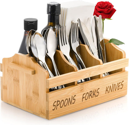 Yesland Bamboo Silverware Caddy Organizer - 4 Compartment Wooden Utensil Holder with Handle for Kitchen Countertop, Party, Forks Spoons Knives Napkins Storage