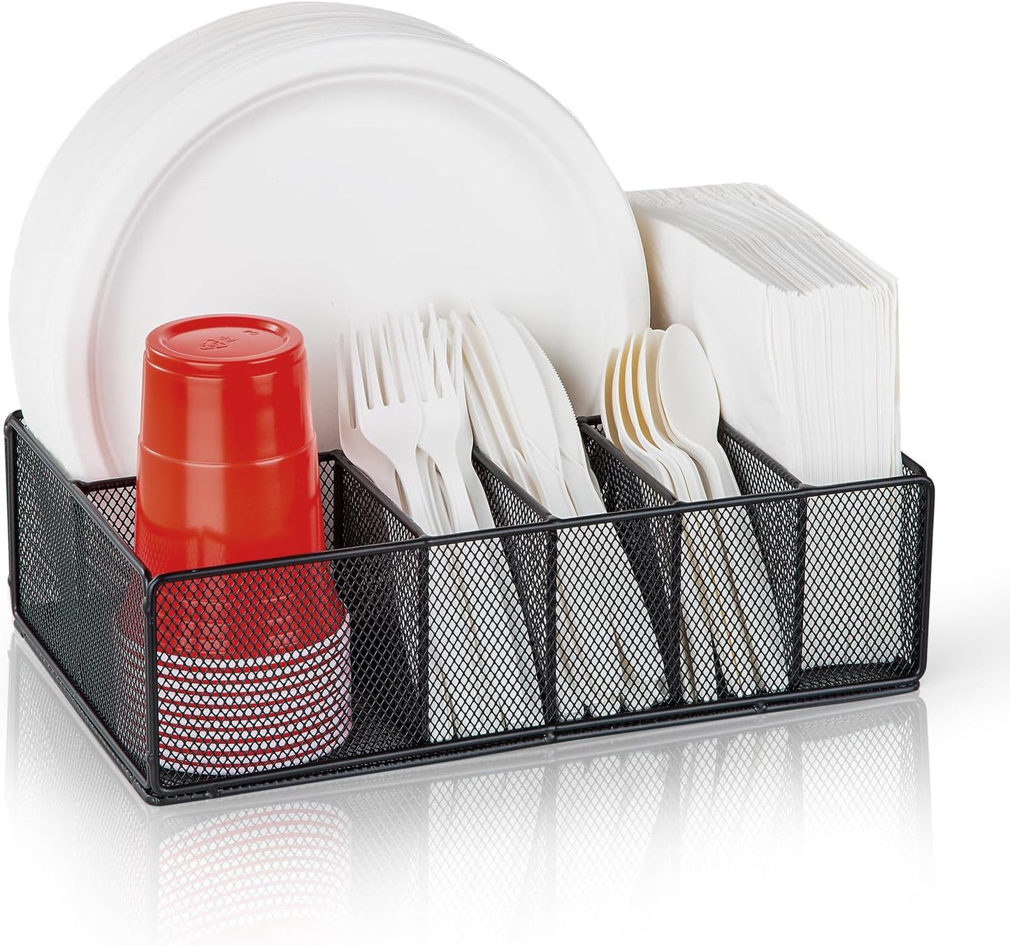 Paper Plate Organizer for Countertop, Metal Silverware Caddy for Cup, Napkin, Fork, Spoon, Paper Plate and Utensil Holder, Cutlery Caddy for Party, Camping, Picnic (Black)