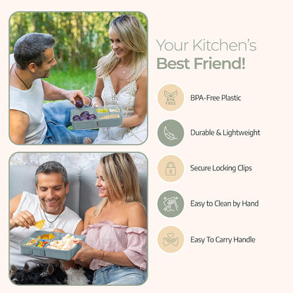 Small Snackle Box Container - Travel Snack Box Container - Snacklebox - Divided Serving Tray With Lid and Handle - Portable Snack Tray With Lid - Snackle Boxes 4 compartment Grey Blue (Cream)