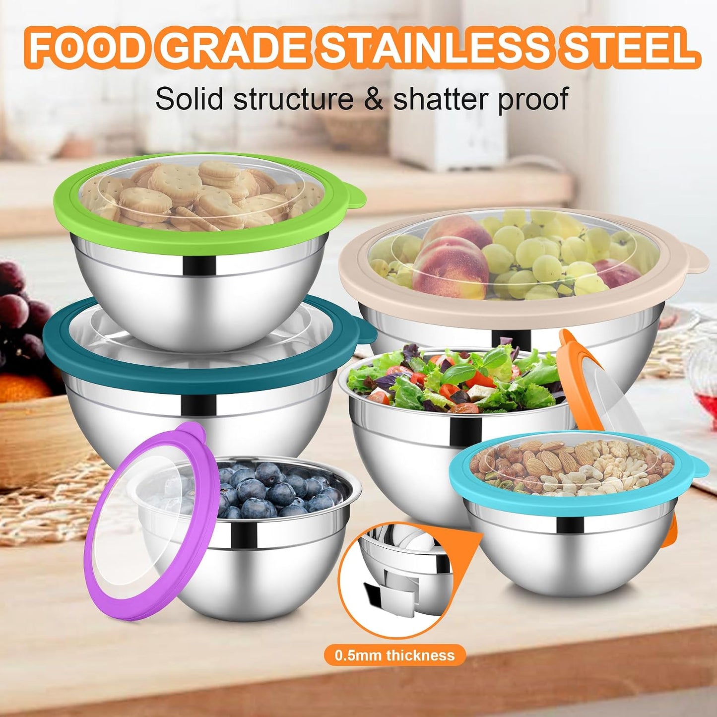 LIANYU Stainless Steel Mixing Bowls Sets of 6, Large 7, 3.5, 2.5, 2, 1.5, 1QT Size with Transparent Airtight Lids, Metal Nesting Serving Bowl Sets for Home Kitchen, Dishwasher & Freezer Safe, Black