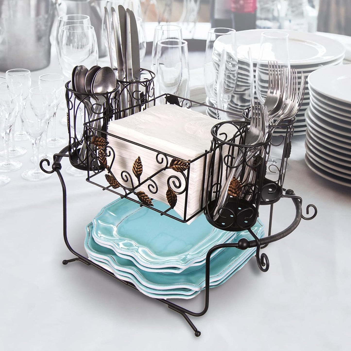 Portable Utensil Caddy for Parties, Elegant Leaf Design Buffet & Silverware Organizer with Napkin Holder, Stainless Steel Plate Storage Caddy for Camping, BBQ & Outdoor Dining