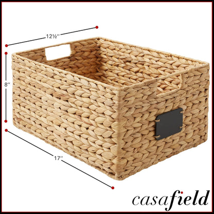 Casafield Set of 4 Water Hyacinth Pantry Baskets, 10" x 13" x 5", with Chalkboard Labels and Chalk Marker - Natural, Woven Storage Bin Organizers for Kitchen Shelves