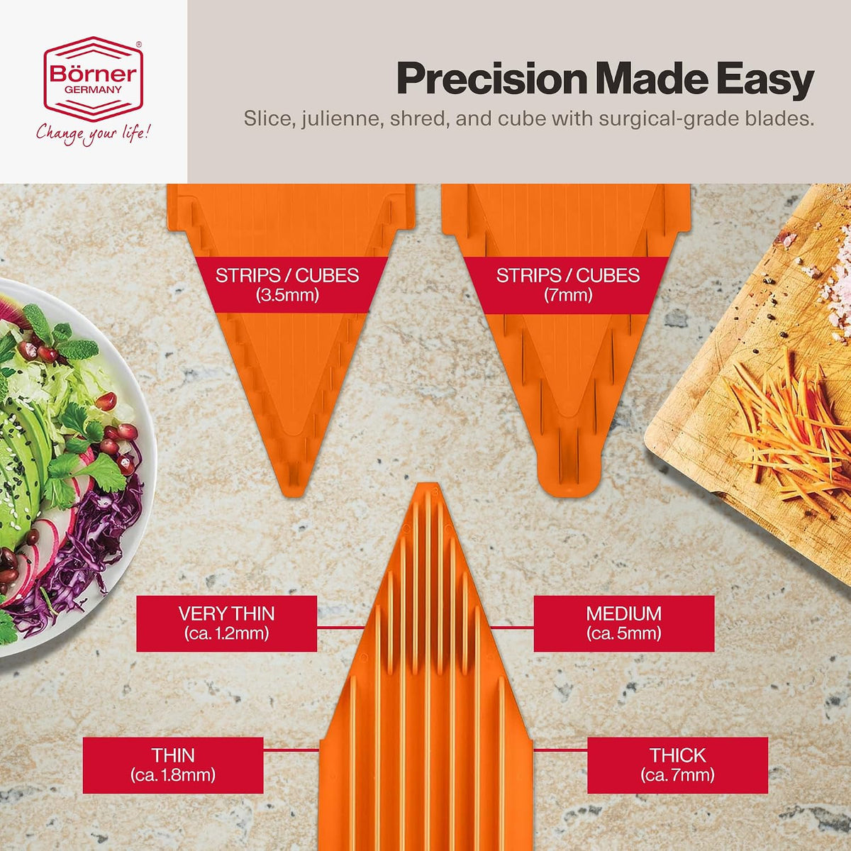 Swissmar Borner V-Slicer Plus Mandoline 5-Piece Set – Professional Kitchen Utensil with Adjustable Inserts – Cuts Potatoes, Cucumbers, Chips & More – Vegetable Slicer with Safety Holder - Orange