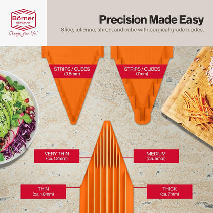 Swissmar Borner V-Slicer Plus Mandoline 5-Piece Set – Professional Kitchen Utensil with Adjustable Inserts – Cuts Potatoes, Cucumbers, Chips & More – Vegetable Slicer with Safety Holder - Orange