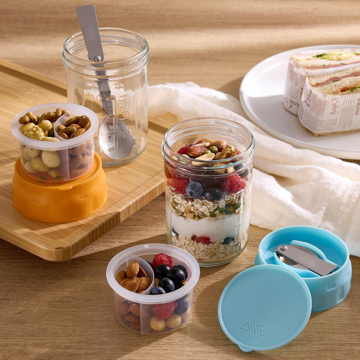 Overnight Oats Containers with Lids, 4 Pack 16 Oz Glass Mason Jars - Leakproof Meal Prep Jars, Separate Compartment, Folding Spoon, Yogurt Parfait Cups, Stackable, BPA Free
