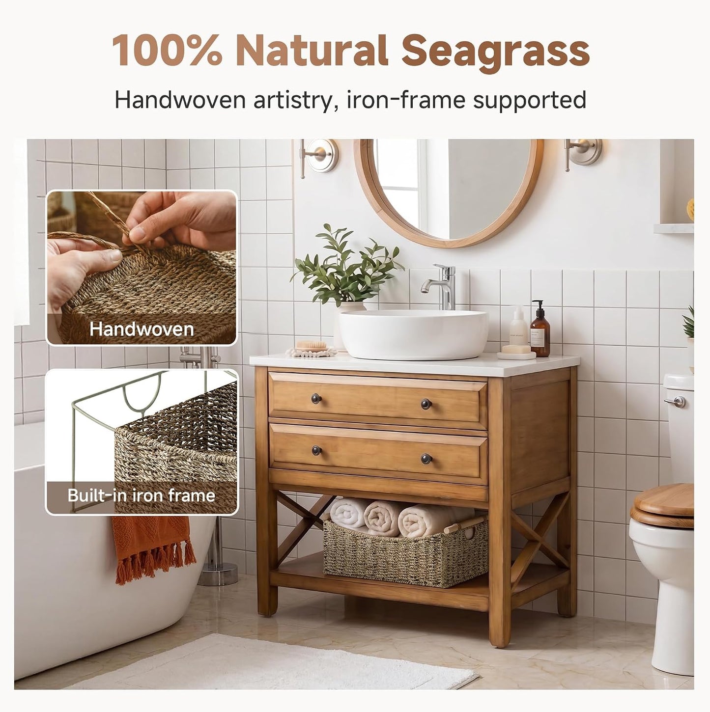 StorageWorks Wicker Baskets for Organizing, Water Hyacinth Storage Baskets with Handles, Woven Baskets for Pantry Storage, 13" x 8¼" x 7", 2-Pack