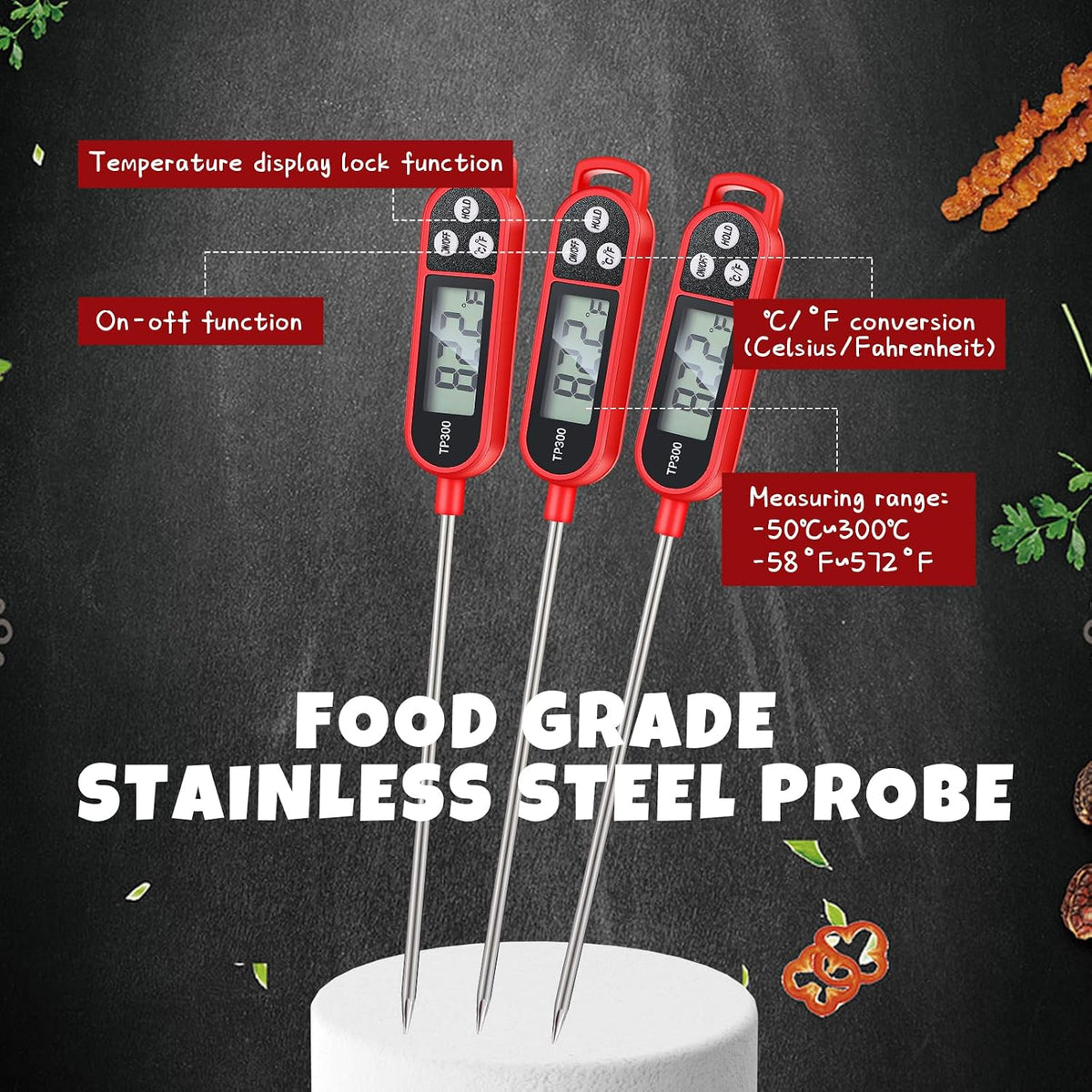 Copkim Instant Read Meat Thermometer Long Probe,Black, White, Red