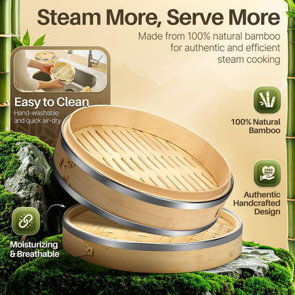 Flexzion Bamboo Steamer Basket Set (8 inch), 50 x Steamer Liners and 2 Pairs of Chopsticks, Steam Baskets for DimSum Dumplings, Rice, Vegetables, Fish and Meat