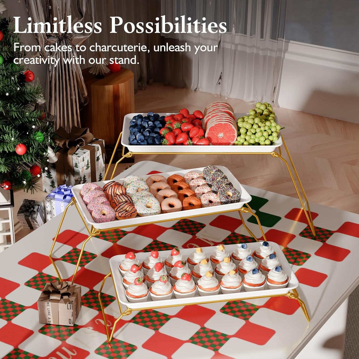 3-Tier Melamine Serving Tray Set, 11.5" x 5.6" Platters for Serving Food, Black Reusable Trays with Black Metal Display Stand for Cupcakes, Sevring Food, Dessert, Fruit, Cookie, Gold