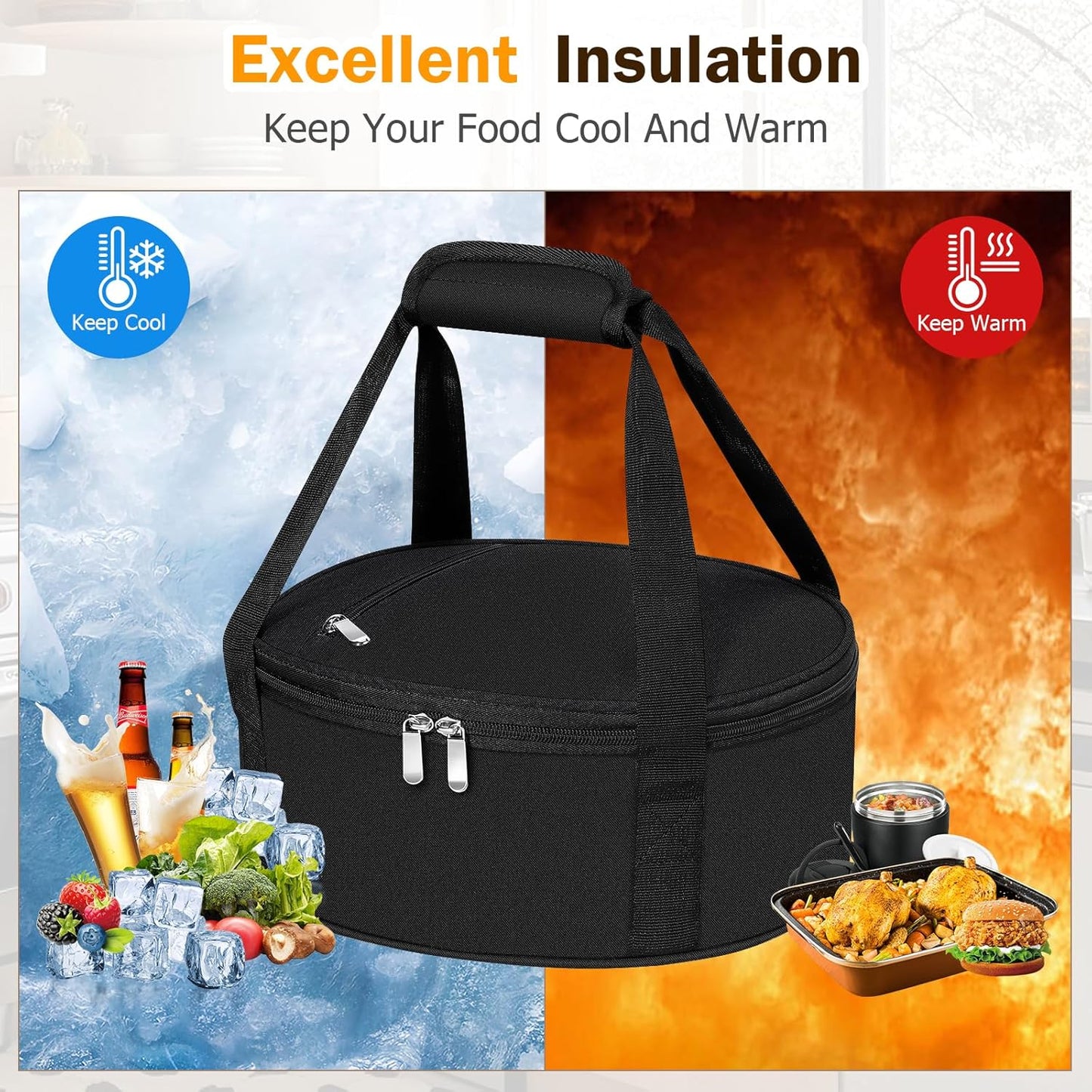 Round Insulated Casserole Carrier – 12" Portable Pie Carrier Bag for Hot or Cold Food, Leakproof Thermal Lunch Tote with Handle for Parties Picnic & Travel - Grey