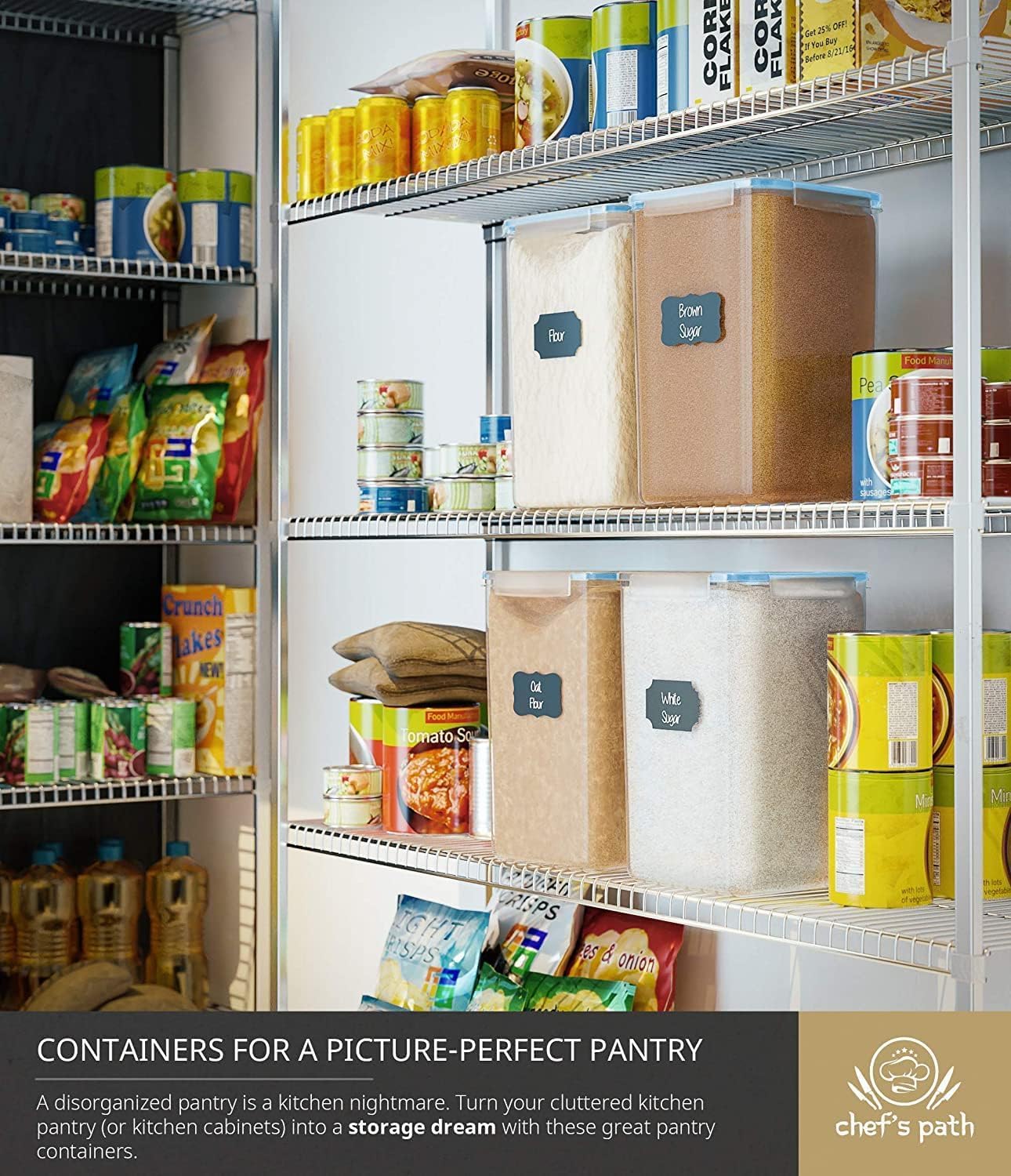 Chef's Path Extra Large Airtight Food Storage Containers with Lids, Pack of 2, 6.5L, 220Oz, Airtight Kitchen and Pantry Bulk Canisters for Flour, Sugar, Rice, and Baking Supplies - Transparent