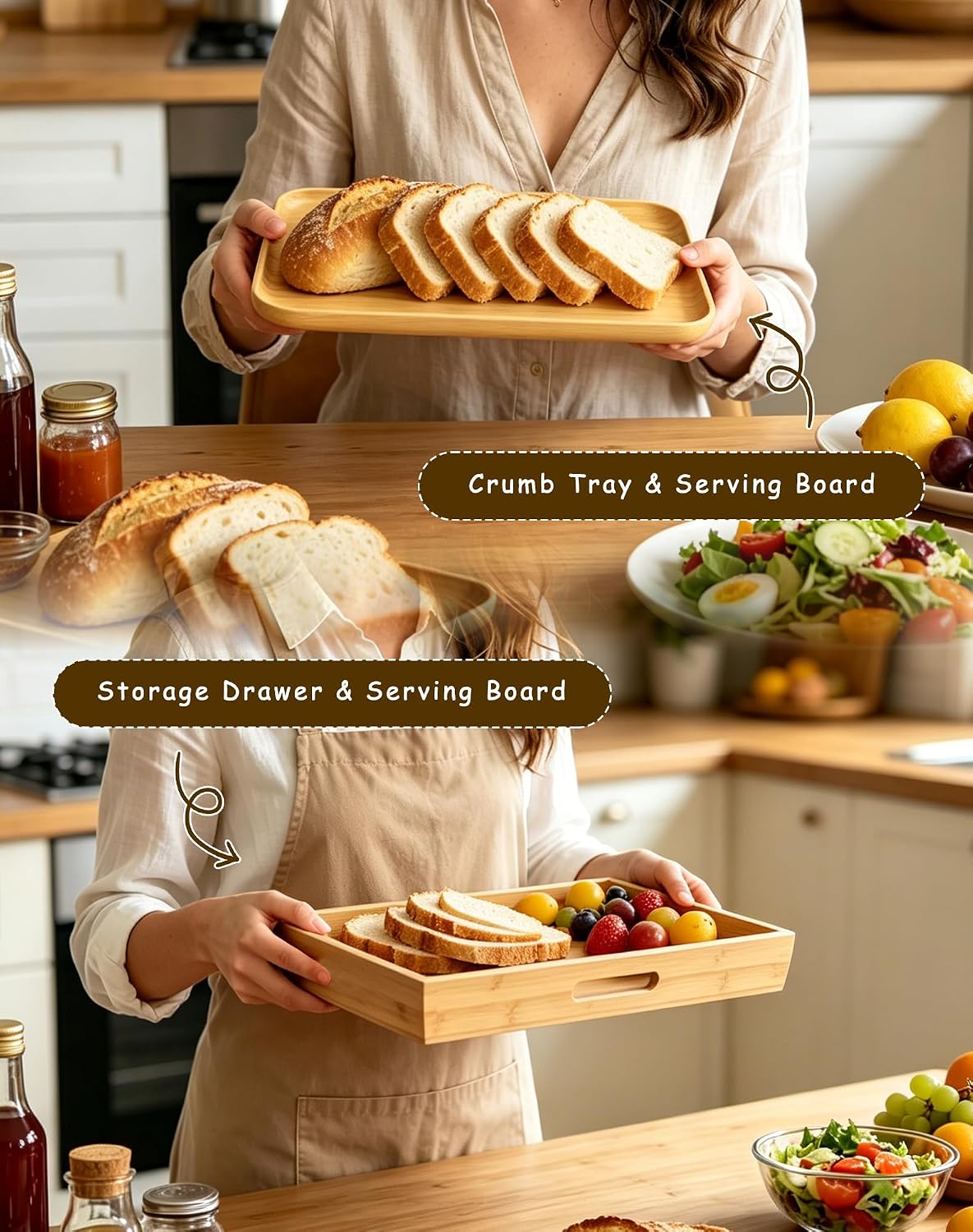 Bamboo Bread Slicer for Homemade Bread, Storage Drawer 2 Bread Bags