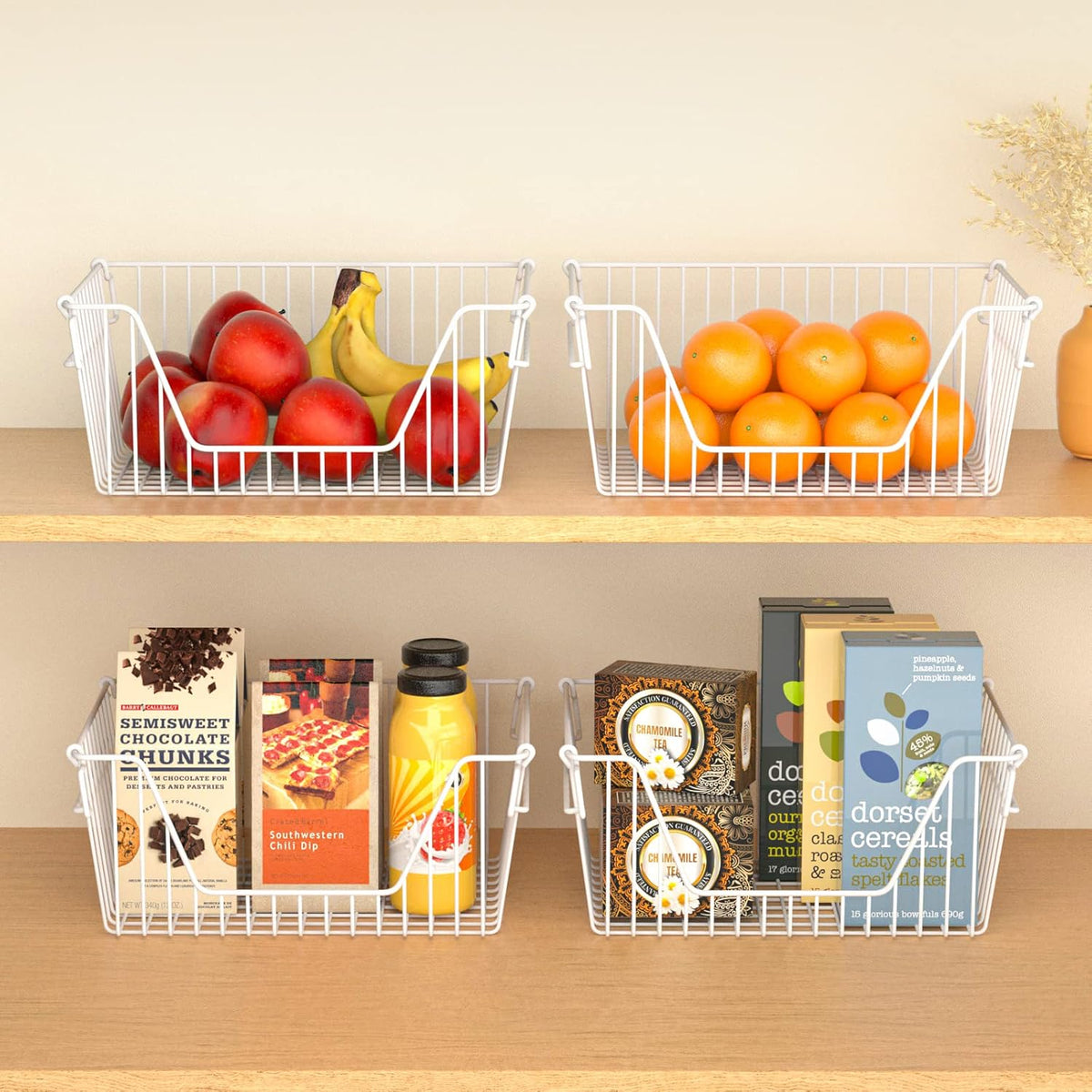Slideep Wire Storage Baskets, Freezer Baskets Farmhouse Stackable Organizer Storage Bins Large Organizer for Storage, Office, Bathroom, Pantry Organization Storage with Handles 14" Black -Set of 3