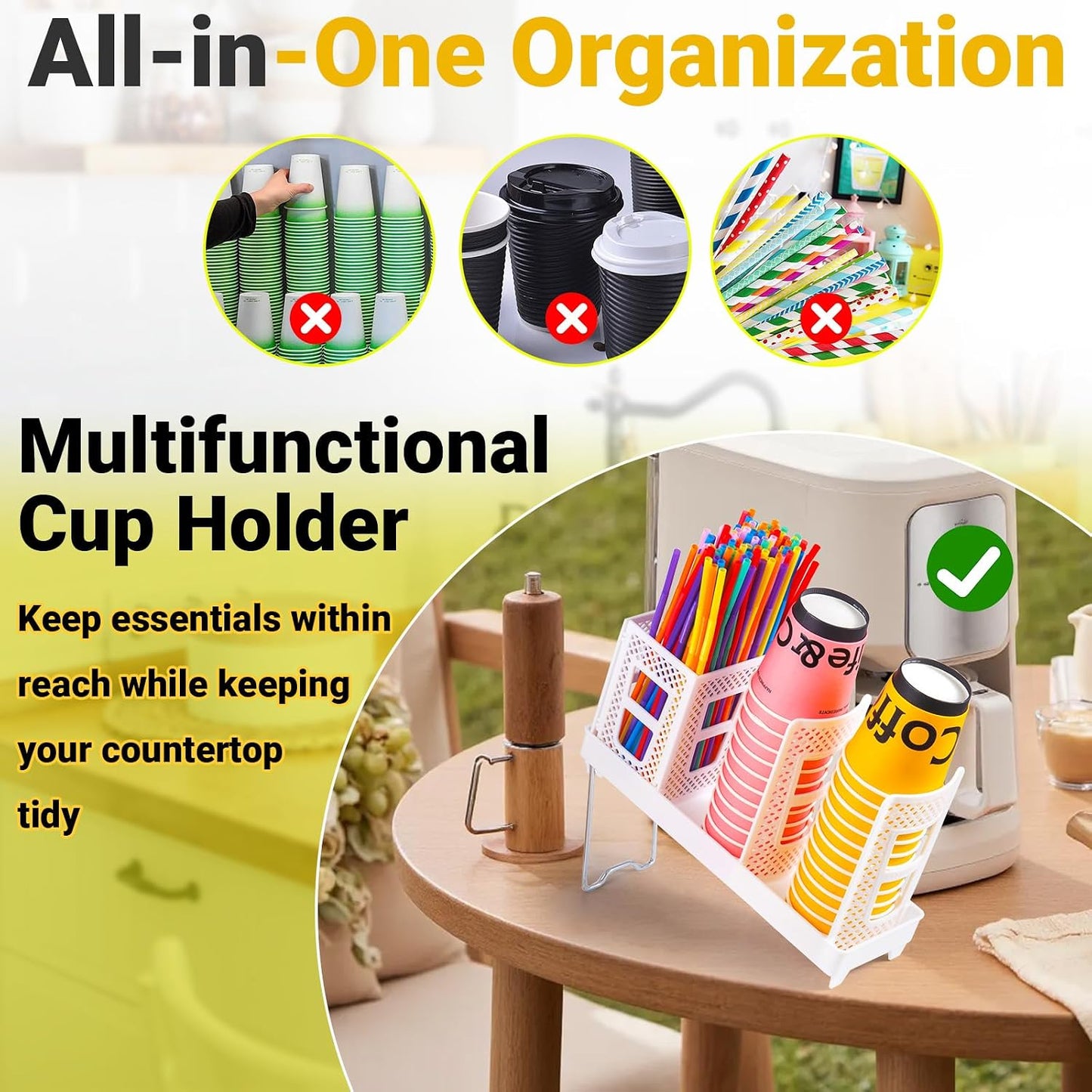 Cup and Lid Holder, Disposable Paper Cup Dispenser with Coffee Pod Straw Storage Basket, 6-Compartment Countertop Coffee Cup Holder for Coffee Stations, Break Rooms, Living Rooms (Black)