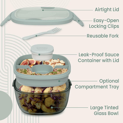 Bentgo Glass Salad Container - 7.6-Cup Salad Bowl with Airtight Lid, Leak-Proof Sauce Container, 4-Compartment Bento Tray & Reusable Fork - BPA-Free for Meal Prep, Office & More (Light Blue)