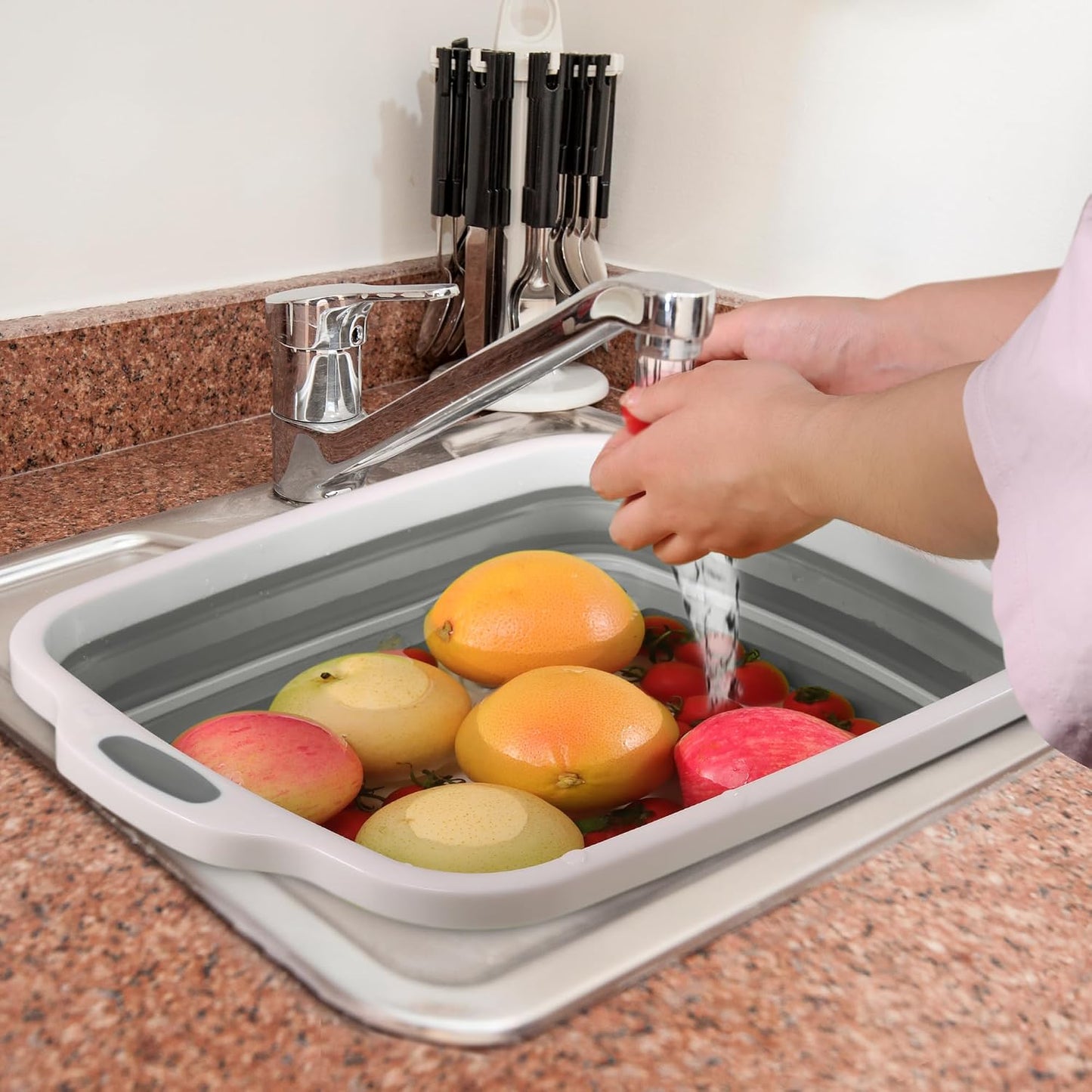 2 Pack Collapsible Cutting Board, Foldable Dish Tub with Draining Hole, Portable Chopping Board with Colander, 3 in 1 Multifunction Camping Sink for Washing Dish, Bowl, Vegetables and Fruit