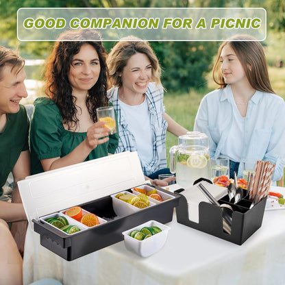 Tessco for you Garnish Tray with Lid Bar Caddy Ice Cooled Condiment Serving Container with Ice Scoop Metal Mini Serving Tongs Fruit Fork Spoons for Food Home Party Kitchen(Plastic,6 Grids)