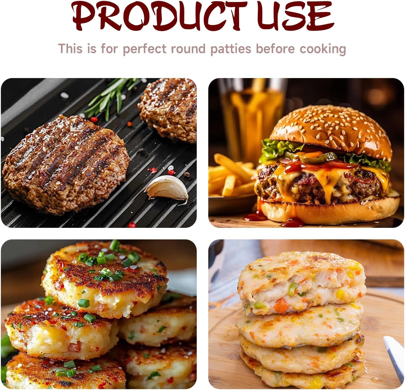 Burger Press Patty Maker Set with 100 Non-Stick Papers - 3x2.5 Inch Mold for Making Three Mini Patties at Once - Perfect for Sliders, BBQ, Picnic, Camping - Easy to Use & Clean