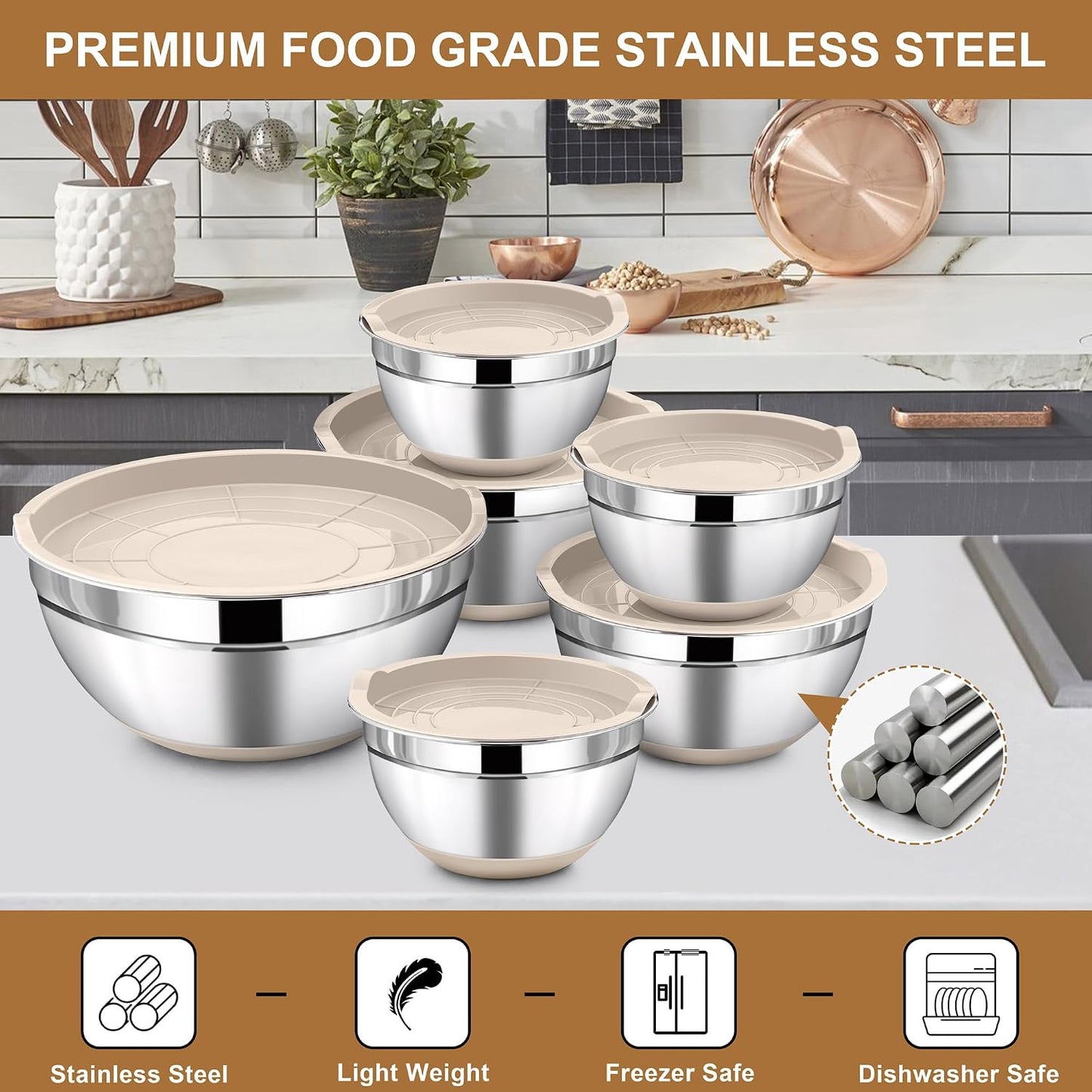 LIANYU Stainless Steel Mixing Bowls Sets of 6, Large 7, 3.5, 2.5, 2, 1.5, 1QT Size with Transparent Airtight Lids, Metal Nesting Serving Bowl Sets for Home Kitchen, Dishwasher & Freezer Safe, Black